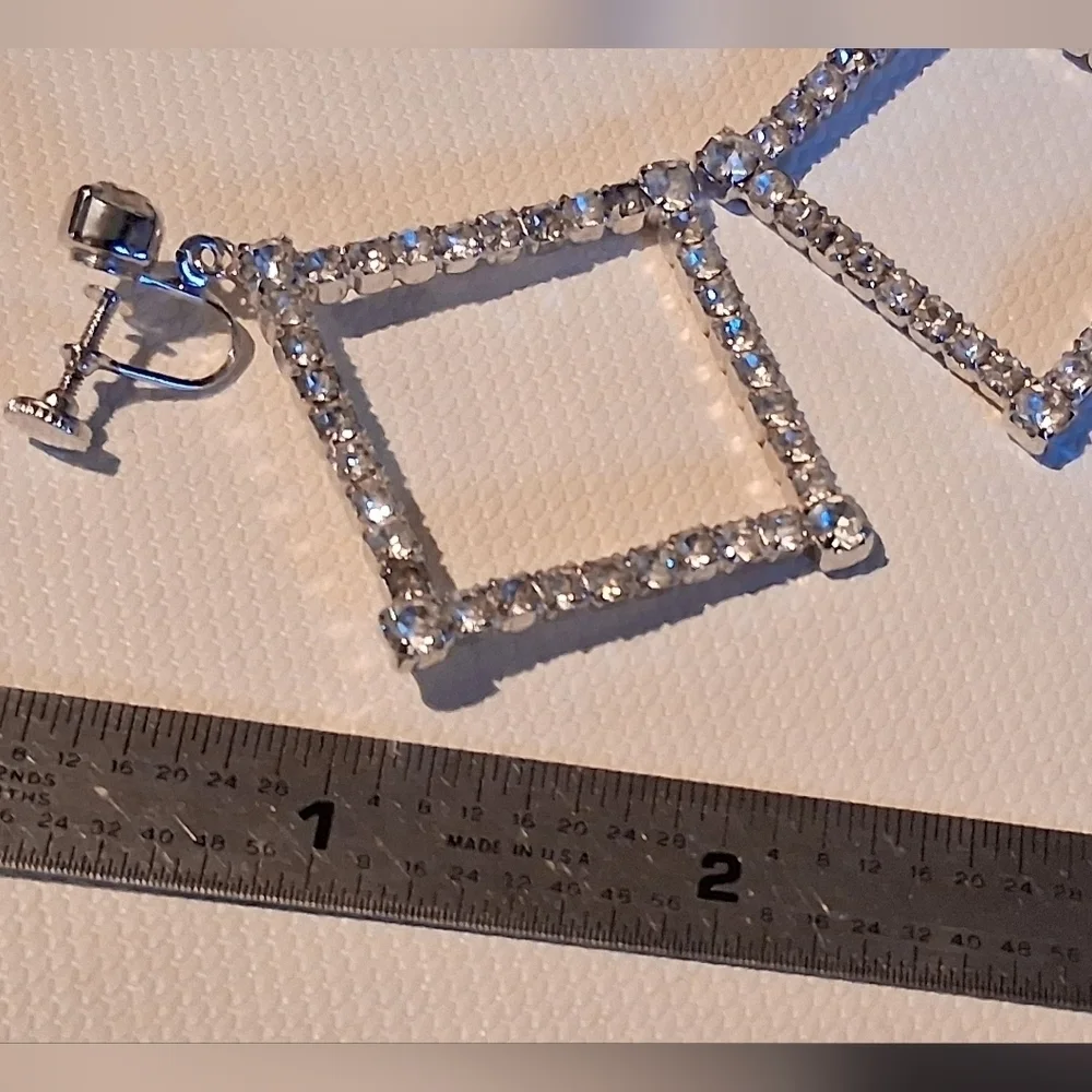 * Vintage Rhinestones Square Shaped Dangle Drop Screwback Earrings